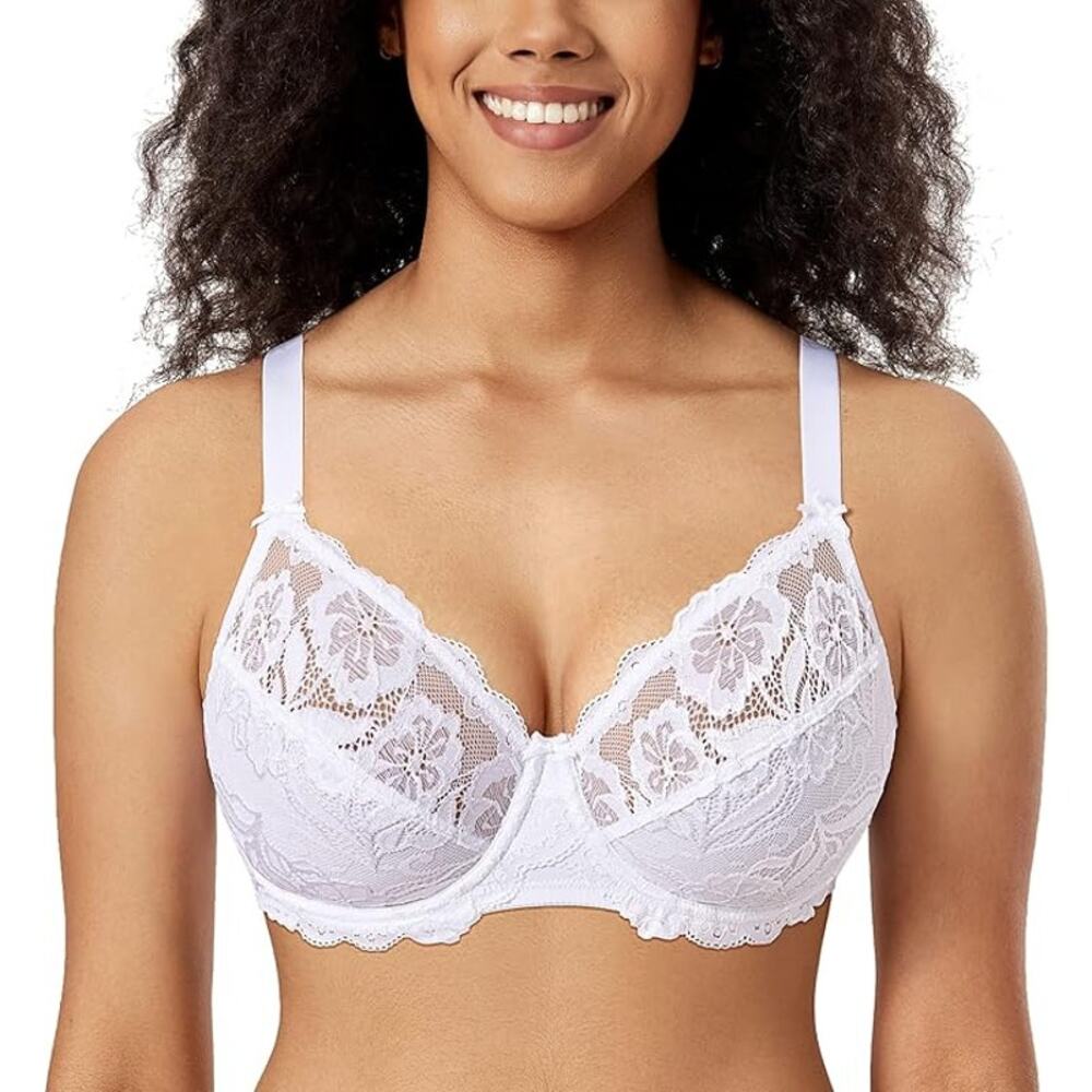 DELIMIRA Plus Size Full Coverage Lace Underwire Unlined Bra, White, 42H